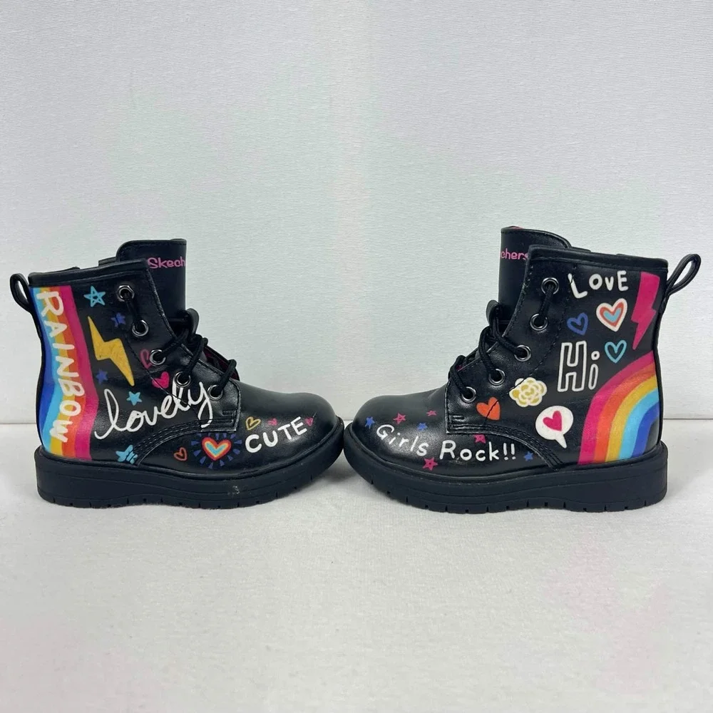 GUC Skechers Black Rainbow Doodle Combat Boots Girls Toddler Size 6